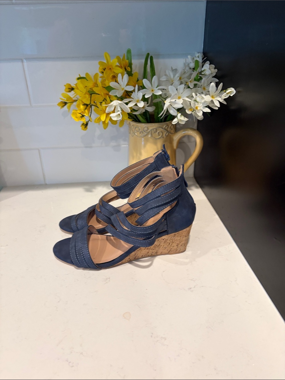 Navy Suede Multi-Strap Cork Wedge Sandals